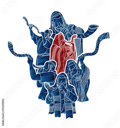 Feast of trumpets.Group of Jewish people blowing the shofar horn cartoon graphic vector