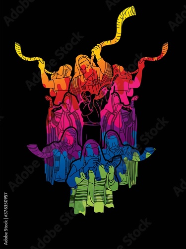 Feast of trumpets.Group of Jewish people blowing the shofar horn cartoon graphic vector