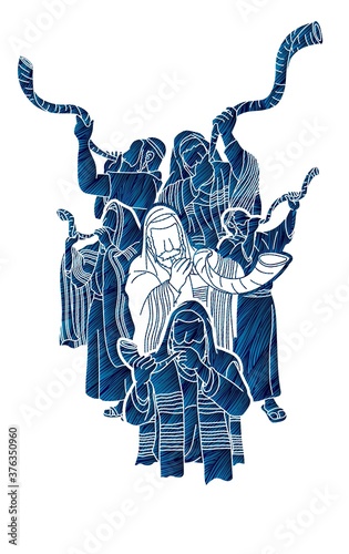 Feast of trumpets.Group of Jewish people blowing the shofar horn cartoon graphic vector