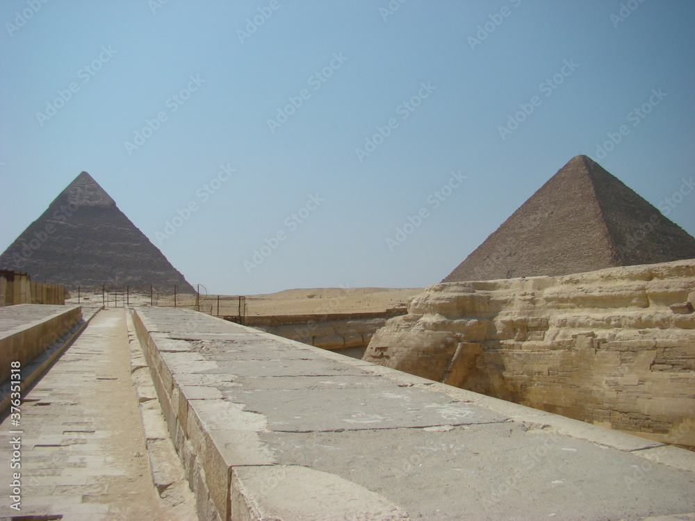 pyramids at Giza, Egypt, with Sphinx, Camels