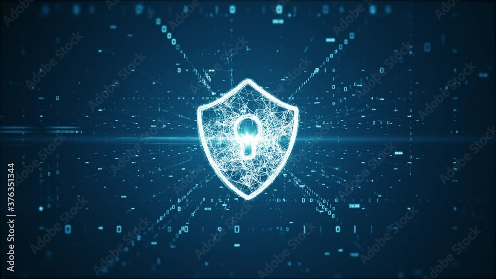 Cyber security concept. Shield With Keyhole icon on digital data background. Illustrates cyber data security or information privacy idea. Blue abstract hi speed internet technology.
