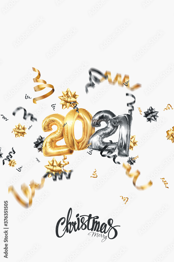 Inscription 2021 gold balloons on a light background, creative background. Happy new year, year of the white bull, flyer, poster, A4. 3D illustration, 3D render.