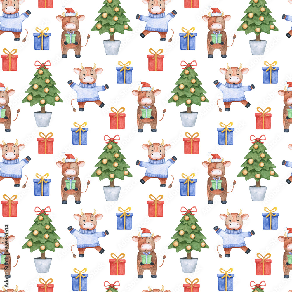 Bright new years watercolor seamless pattern with funny bulls, gifts and a Christmas tree. Illustration for decor, textiles, packaging paper.