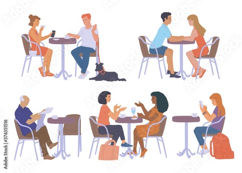 Set of people relaxing at tables in cafe flat vector illustration isolated.