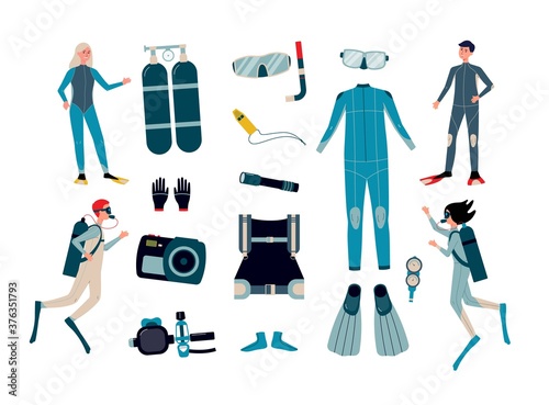 Canvas-taulu Set equipment for of underwater scuba diving flat vector illustration isolated