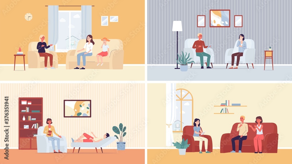 Set of psychologist reception scenes with characters, flat vector illustration.