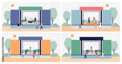 Outdoor music festival scenes set with dancing people flat vector illustration.
