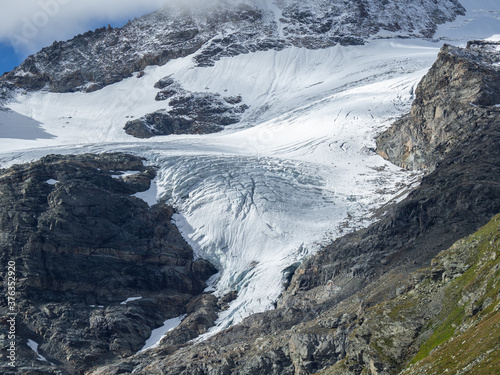 The Bernina glaciers during the summer time. View of the glaciers from Lake White. Slowly retreating glaciers on the Alps. Swiss alpine landscape