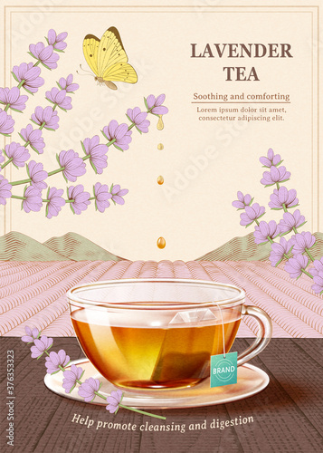 Engraved soothing Lavender tea ad