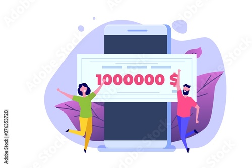 Character holding money prize, bank check for a million dollars. Winning lottery ticket. Vector illustration in flat design.