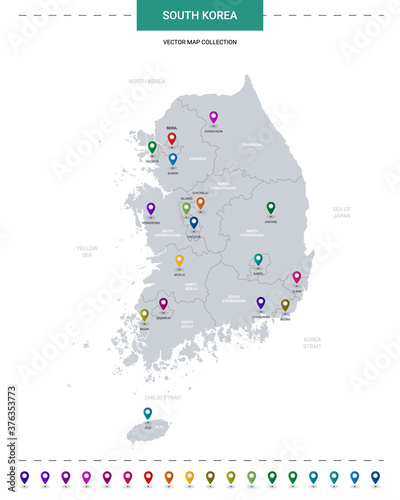 South Korea map with location pointer marks. Infographic vector template, isolated on white background.