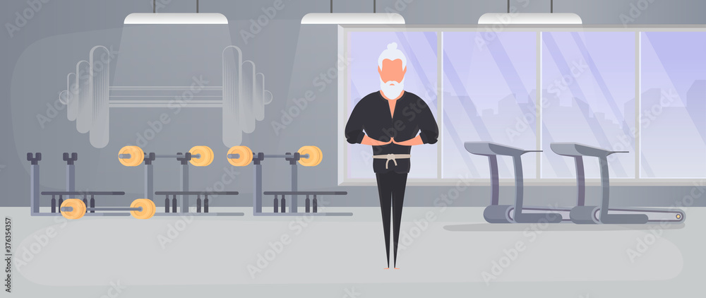 Obraz premium A man in a black kimono meditates. Kung Fu Master. The guy is doing yoga. Vector.