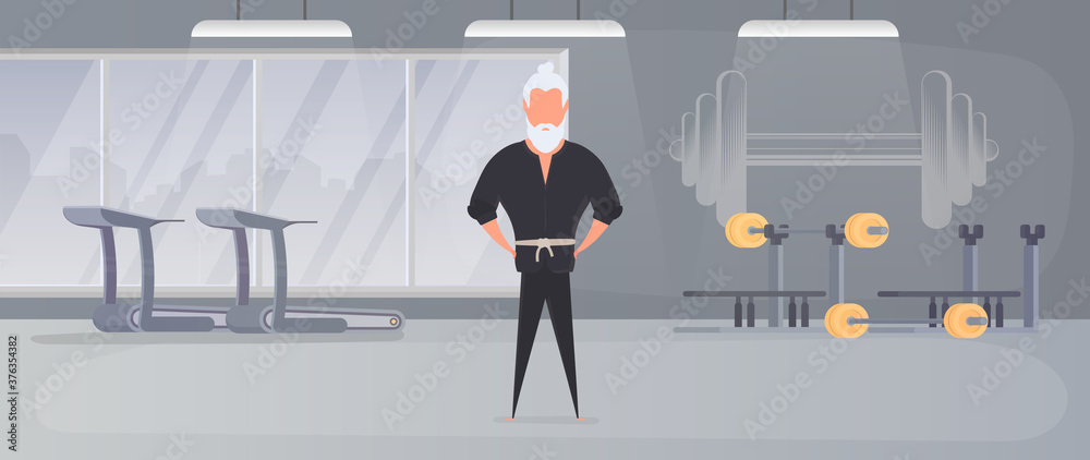 Obraz premium A man in a black kimono meditates. Kung Fu Master. The guy is doing yoga. Vector.