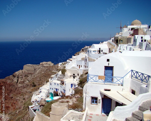 Santorini Greece  White Blue Buildings  Aegean Sea  Clear sky