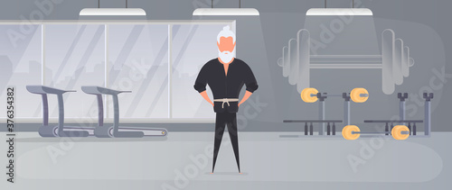 A man in a black kimono meditates. Kung Fu Master. The guy is doing yoga. Vector.