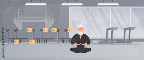 A man in a black kimono meditates. Kung Fu Master. The guy is doing yoga. Vector.