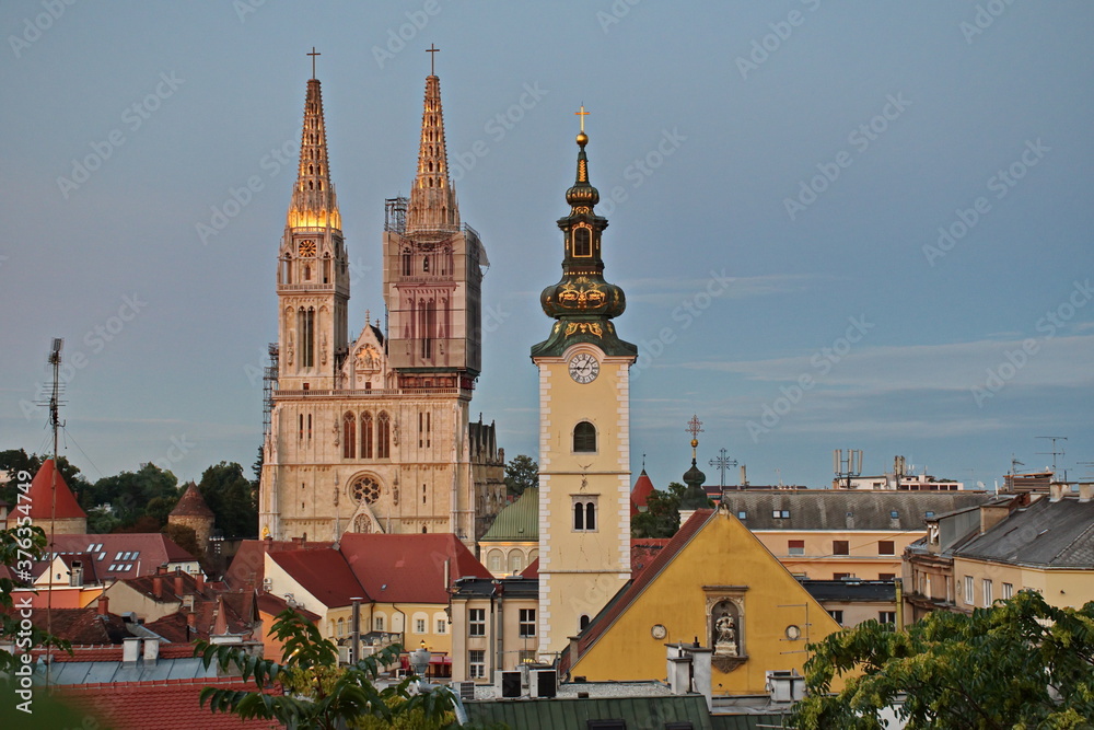 Cityscape of Zagreb during blue hour with Cathedral and rooftops