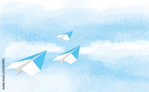 青空を飛んでいる紙飛行機のイメージイラスト
