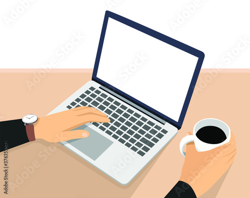 Business Woman or office worker working on computer , Back Rear View, Flat Vector Illustration