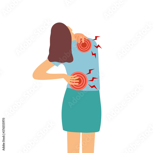 Woman suffering from back pain and shoulder pain in flat design. Office syndrome concept vector illustration on white background.