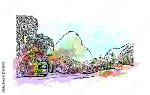 Building view with landmark of Auckland, based around 2 large harbours, is a major city in the north of New Zealand’s North Island. Watercolor splash with hand drawn sketch illustration in vector.