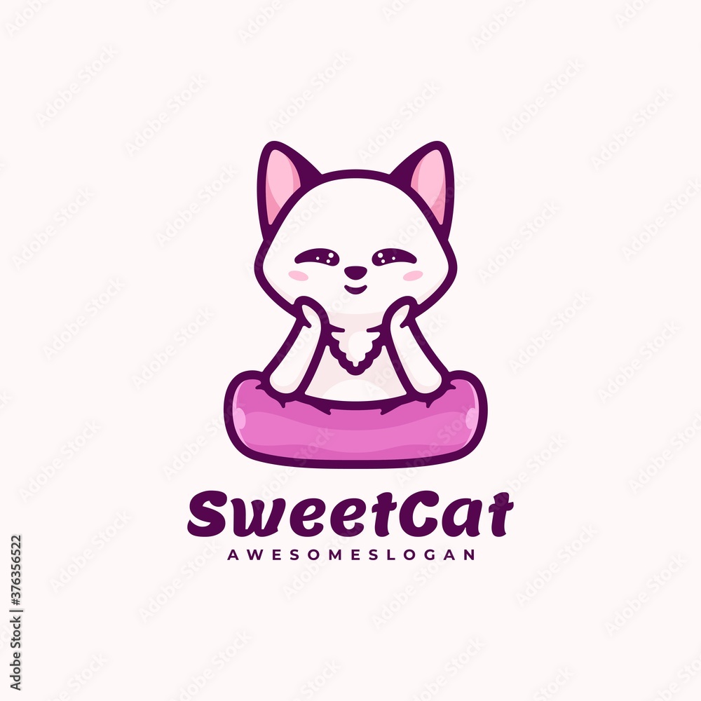 Vector Logo Illustration Sweet Cat Simple Mascot Style.