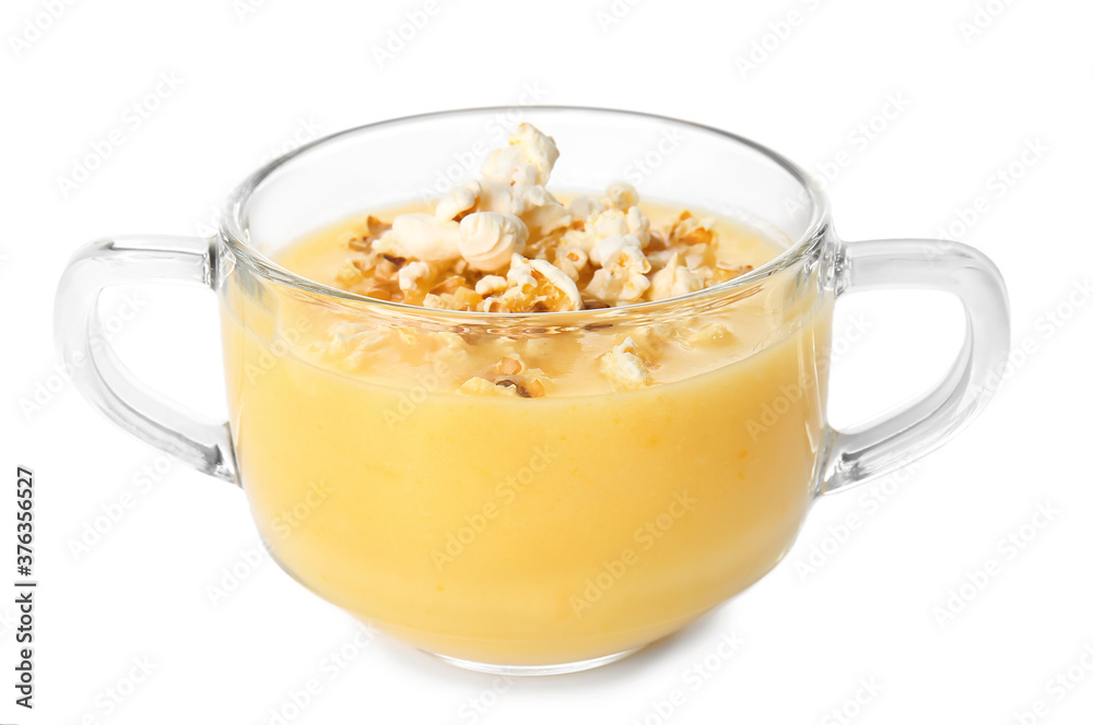 Pot with tasty popcorn soup on white background Pot with tasty popcorn soup on white background