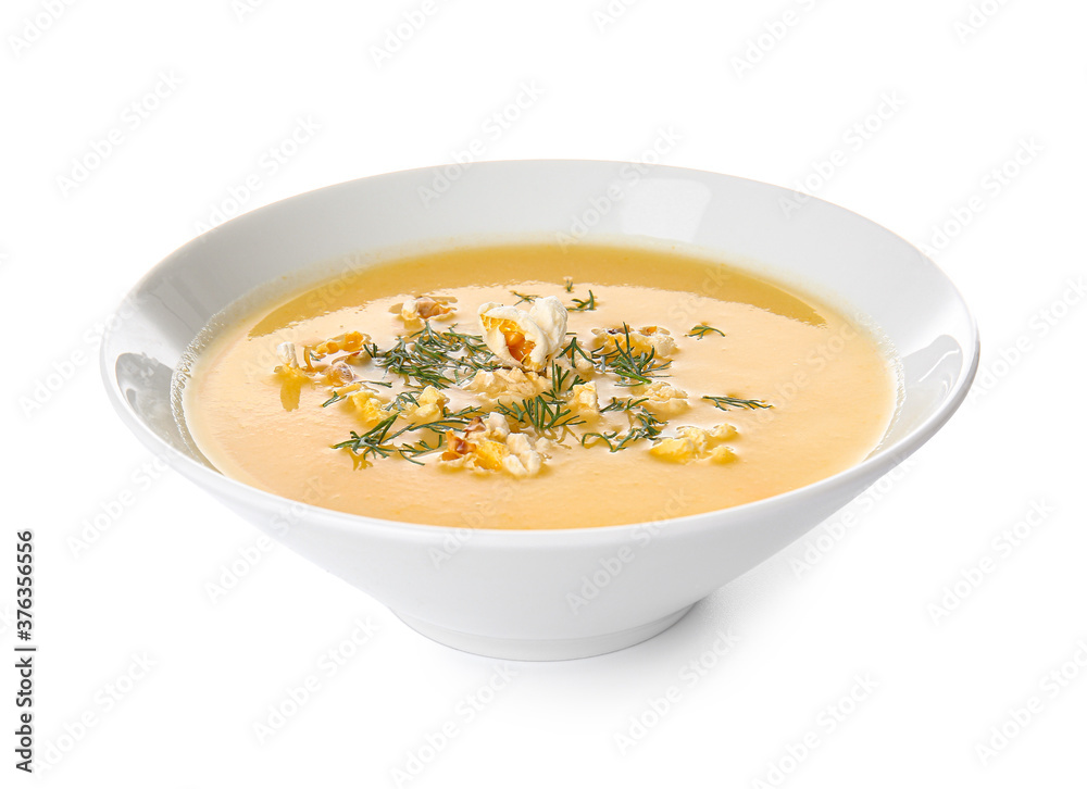 Bowl with tasty popcorn soup on white background Bowl with tasty popcorn soup on white background