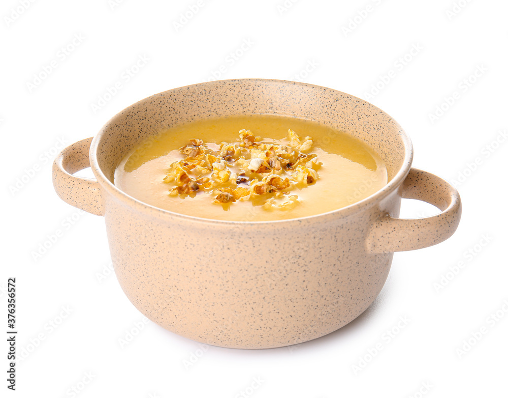 Pot with tasty popcorn soup on white background Pot with tasty popcorn soup on white background