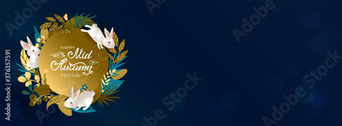 Happy Mid Autumn Festival. Cute white hares and full moon. Cover social network with rabbits, hand drawn lettering, flowers, golden fall leaves, asian pattern on blue background. Vector illustration