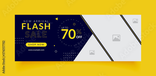 Sale business facebook cover page timeline web ad banner template with photo place modern layout dark blue background and yellow text color design