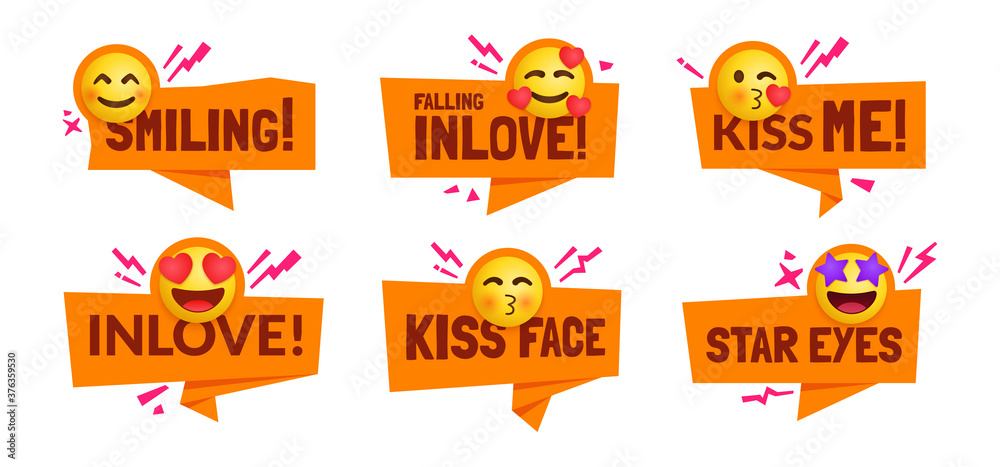 Collection of cute emoji characters feeling inlove labels