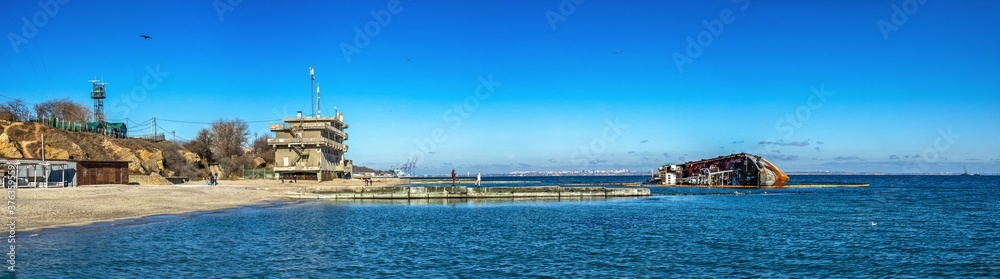 Panoramic sea view with grounded tanker in Odessa, Ukraine Panoramic sea view with grounded tanker in Odessa, Ukraine