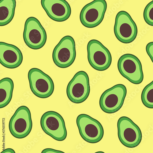 Seamless pattern of avocado. Flat illustration on yellow background.