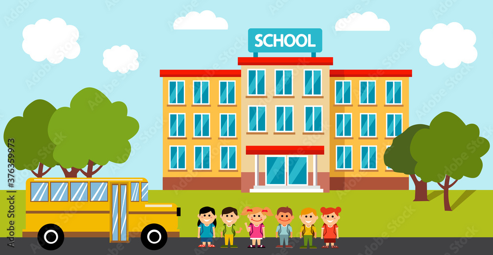 High school building with children and school bus