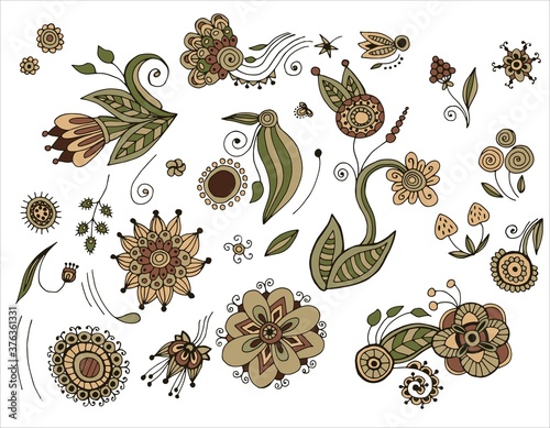 Set of decorative flowers in ethnic style. Illustration for your design. White background, isolator. Stock illustration.