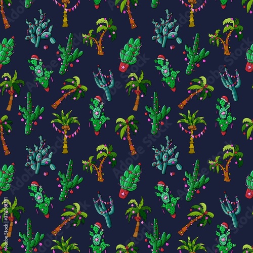 New Year s pattern. Palm trees and cacti decorated with garlands and Christmas balls. Design for wallpaper  packaging  fabric  textile  wrapping paper.