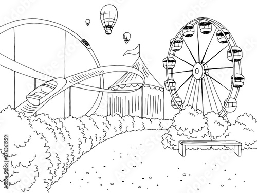 Amusement park landscape graphic black white sketch illustration vector