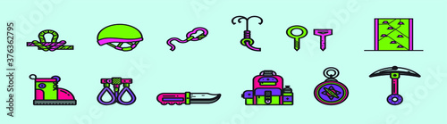 Mountain climbing equipment tools and accessories icons set isolated on blue background