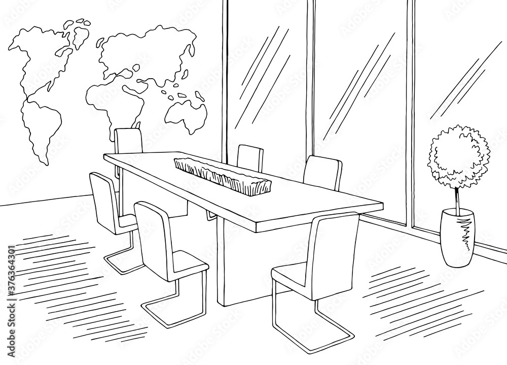 Conference room office meeting graphic black white interior sketch