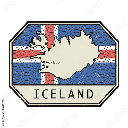Post Stamp with the map, flag and name of Iceland