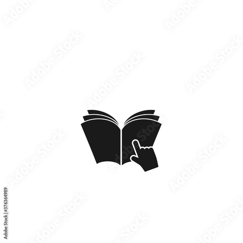 black book and pointing hand isolated on white background. Knowledge flat icon.