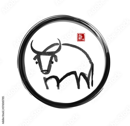 Ink painting of bull, chinese new year symbol of 2021 in black enso zen circle on white background.  Translation of hieroglyph - life energy