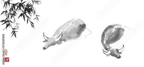 Ink wash painting of two buffalo bulls in water. Traditional oriental ink painting sumi-e, u-sin, go-hua. Translation of hieroglyph - zen