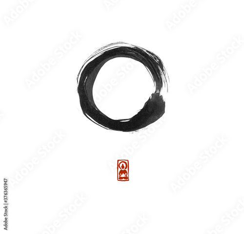 Black enso zen circle on white background. Traditional Japanese ink wash painting sumi-e.