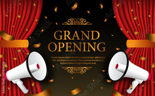 golden luxury confetti for grand opening with 3d double megaphone and red curtain.