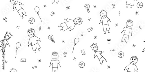 Vector illustration, seamless pattern from kids elements for boys, contours, doodling for paper design, fabric, interior