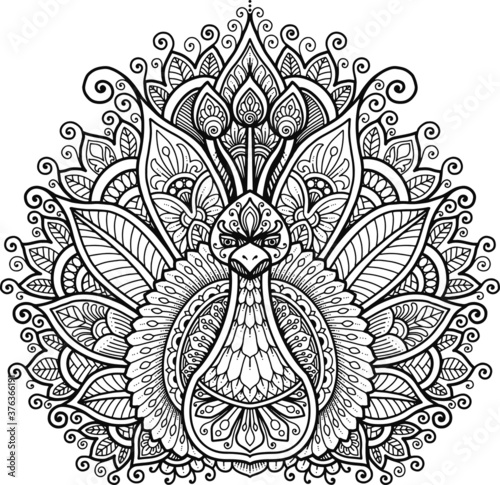 peacock mandala design for coloring page and t-shirt print