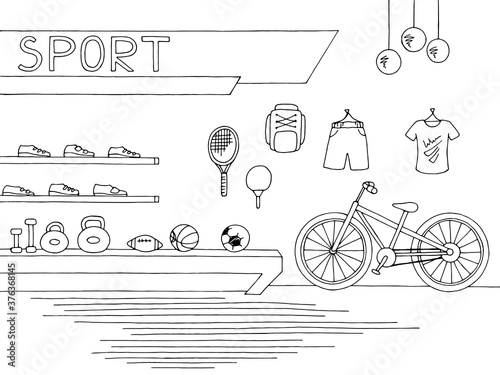 Sport shop store graphic interior black white sketch illustration vector