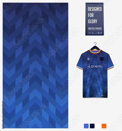 Fabric textile design in Blue gradient geometry shape pattern for soccer jersey, football kit or sports uniform. T-shirt mockup template. Abstract background.